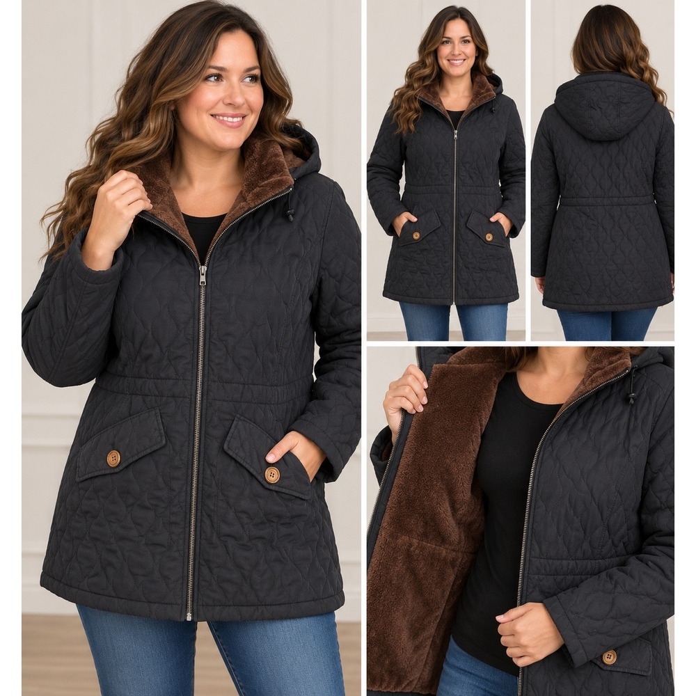 Gallery Womens Quilted Hooded Parka Jacket Black Faux Fur Lined Medium